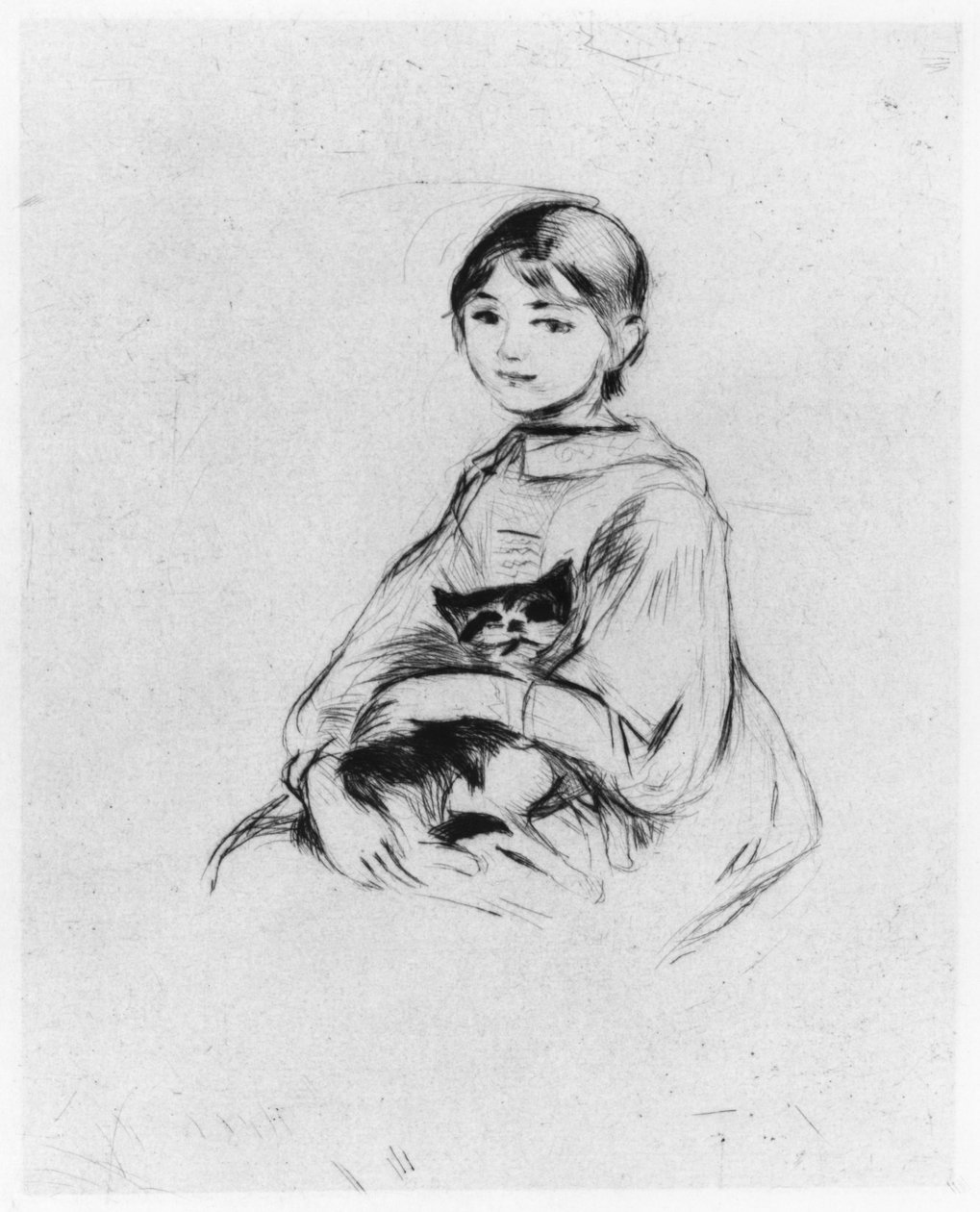 Ung flicka med katt, 1889 (torrnål) av Berthe Morisot