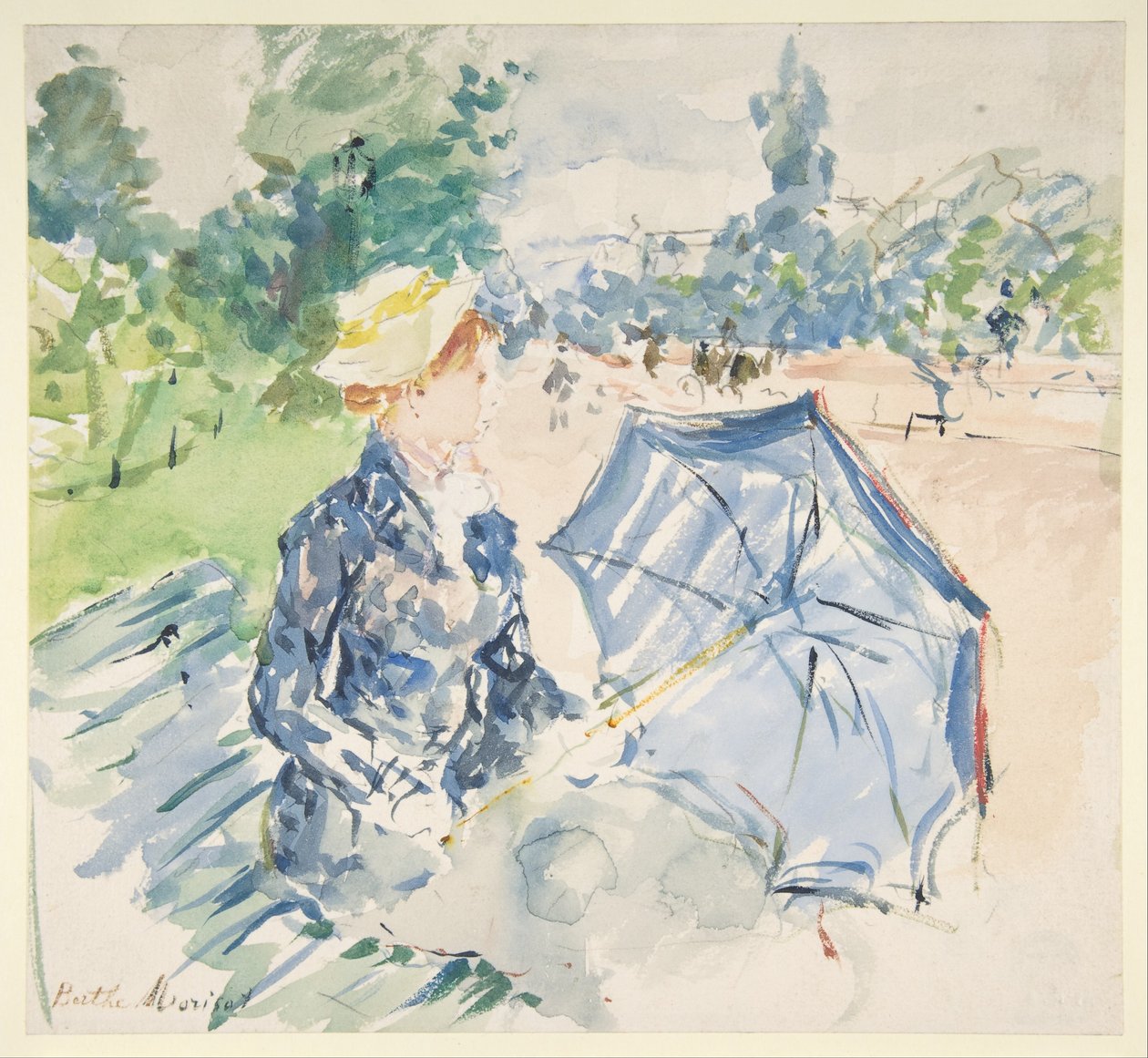 En kvinna sittande på en bänk på Avenue du Bois av Berthe Morisot