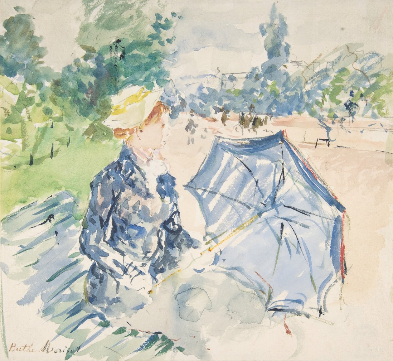 En kvinna som sitter vid en bänk på Avenue du Bois, 1885. av Berthe Morisot