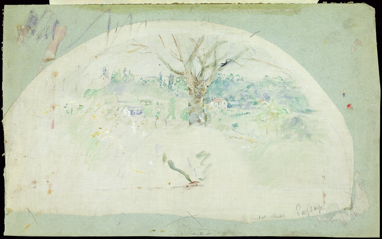 Fläkt föreställande Bougival, 1884 (olja, penna och wc på siden) av Berthe Morisot