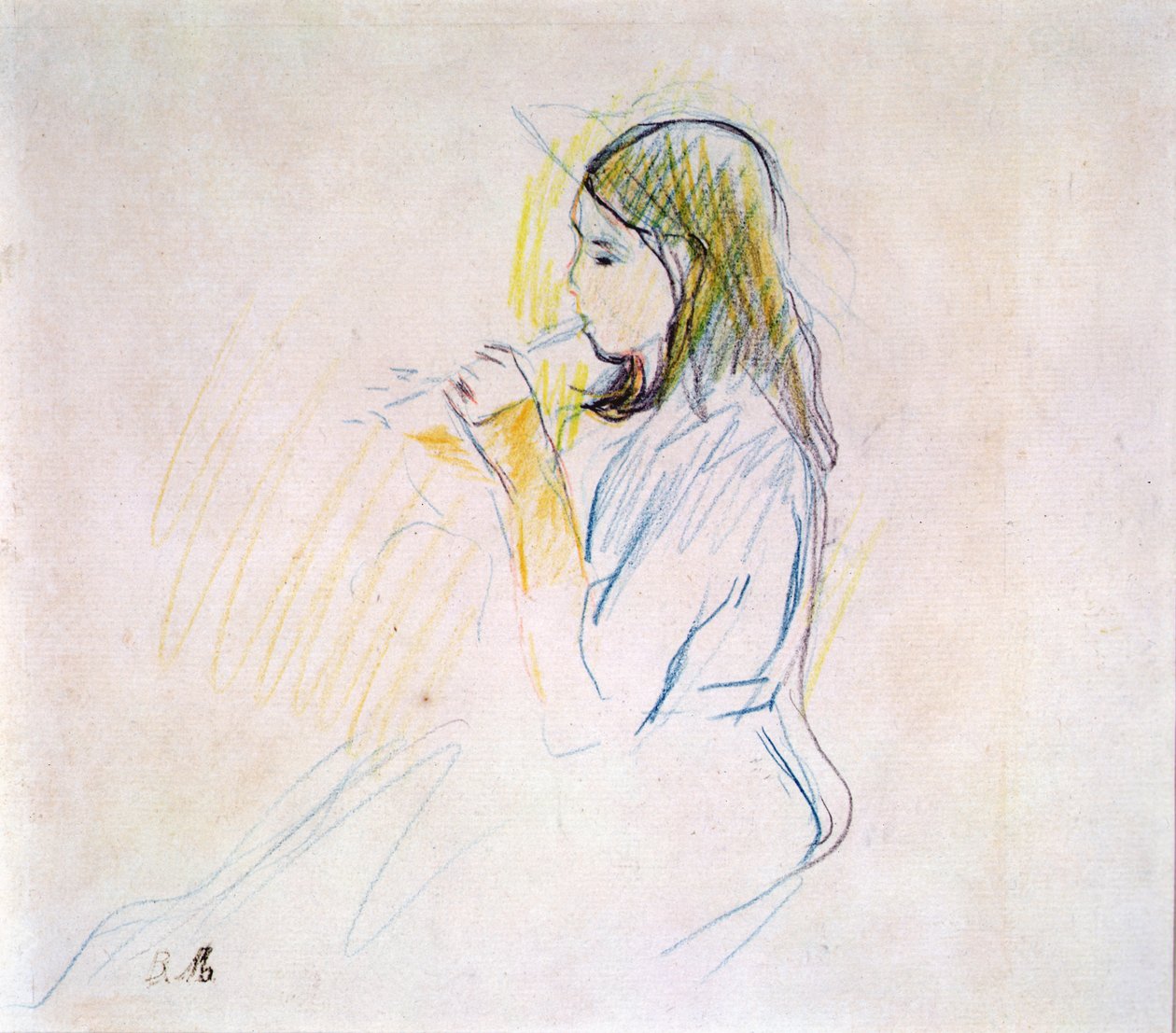 Manets dotter spelar blockflöjt (färgpenna på papper) av Berthe Morisot