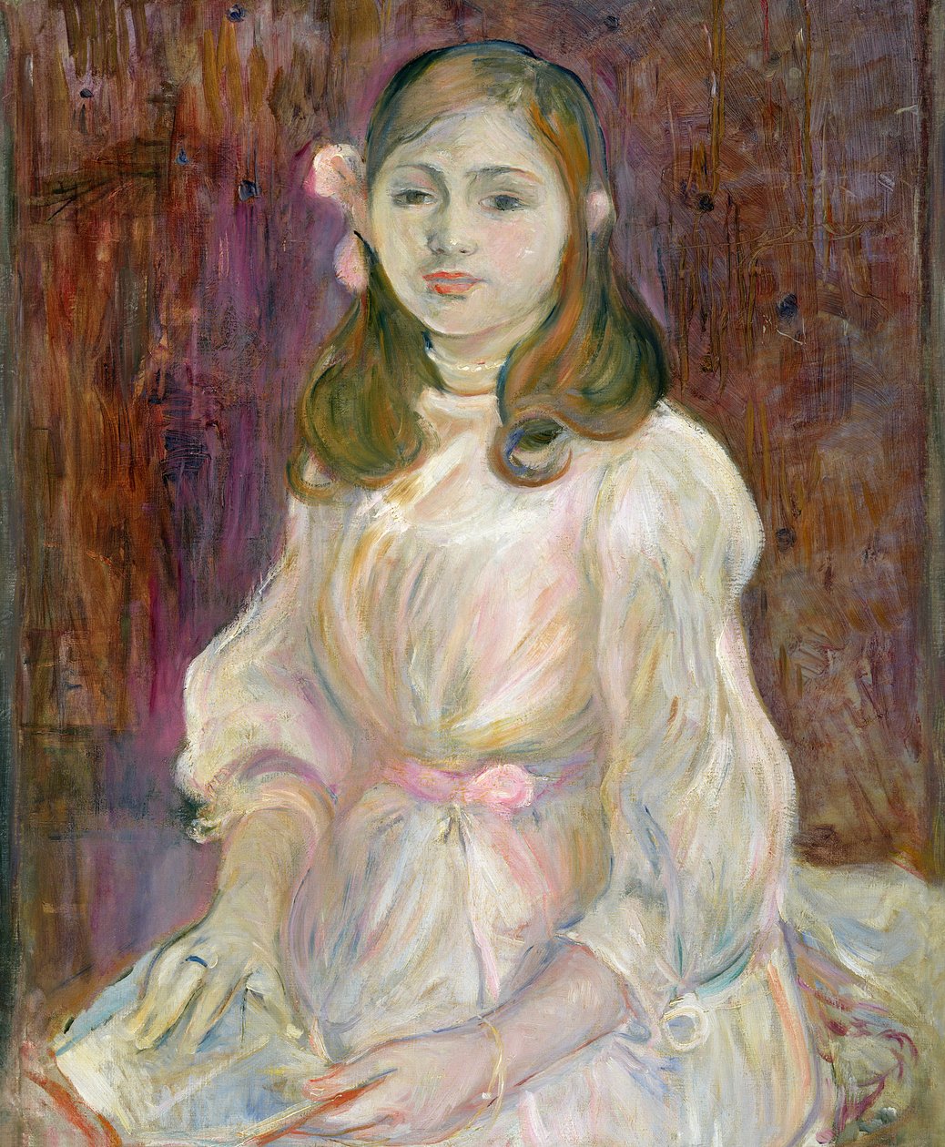Porträtt av Julie Manet (1878-1966) Håller en bok, 1889 av Berthe Morisot