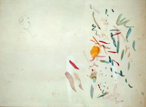 Skiss av ett kvinnohuvud och färglinjer, möjligen från en skissbok, 1887 (wc och blyertspenna på papper) av Berthe Morisot