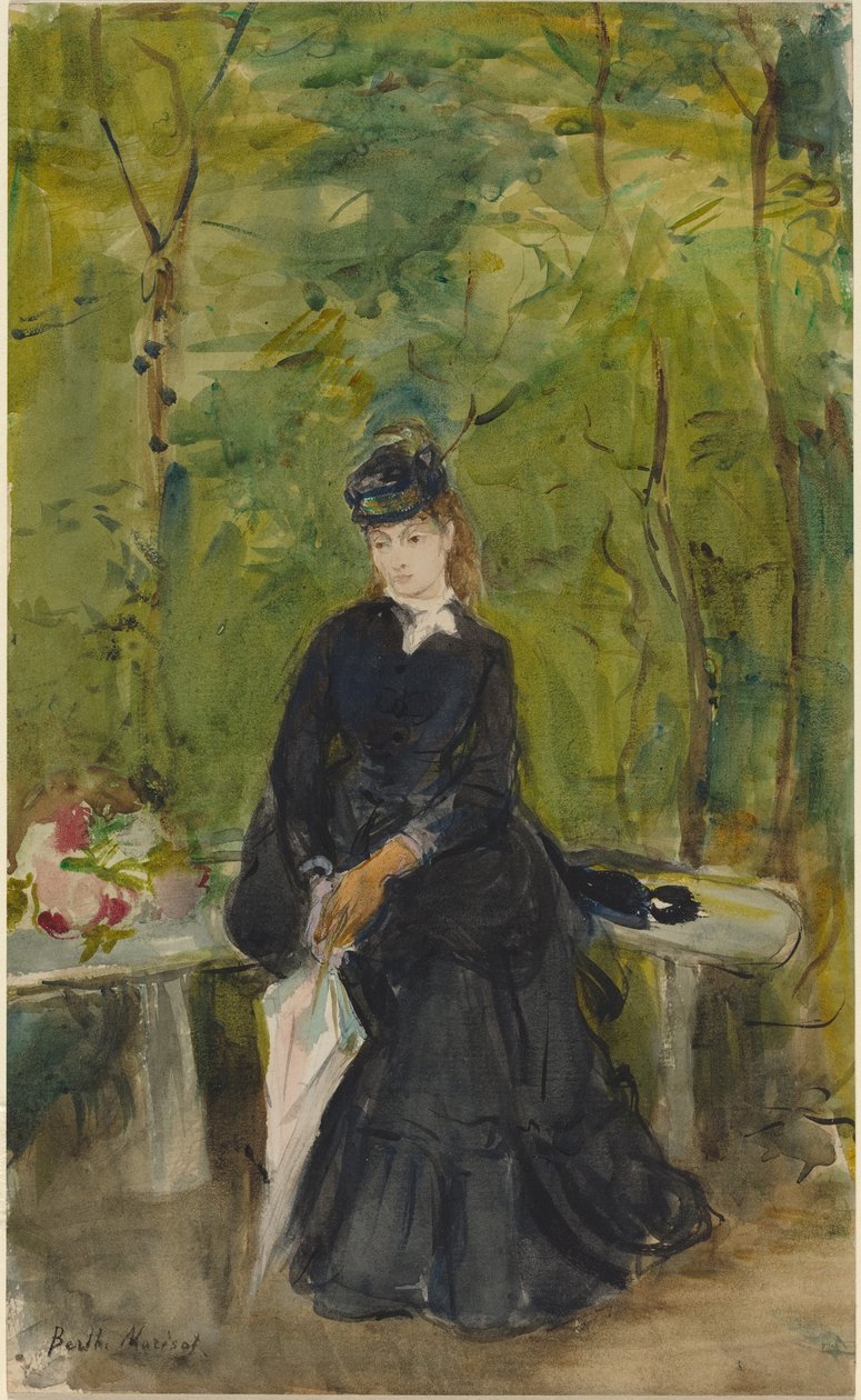 Konstnärens syster Edma sittande i en park av Berthe Morisot