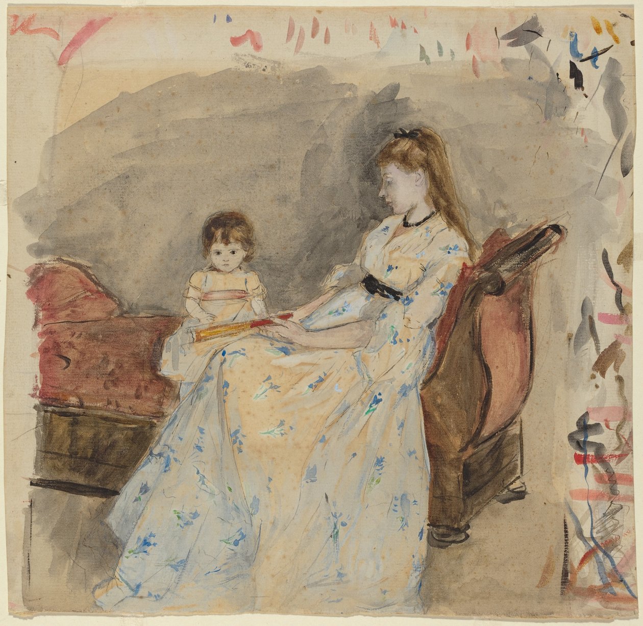 Konstnärens syster Edma med sin dotter Jeanne (framsidan); Konstnärens syster Edma sittande utomhus (baksidan) av Berthe Morisot