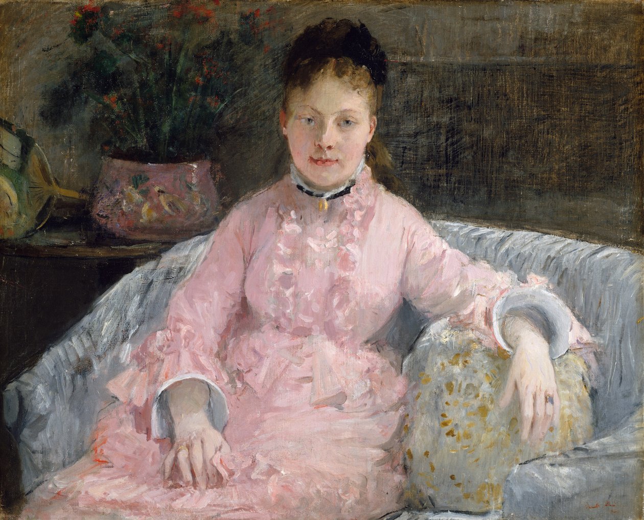 Den rosa klänningen Albertie-Marguerite Carré, senare Madame Ferdinand-Henri Himmes, ca. 1870 av Berthe Morisot