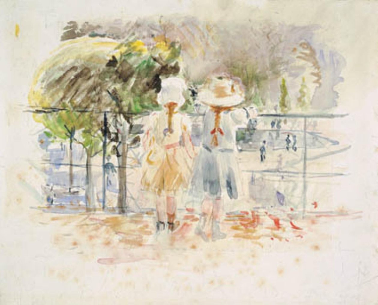 Två små flickor vid en balustrad vid sjön i Jardin des Tuileries, Paris av Berthe Morisot