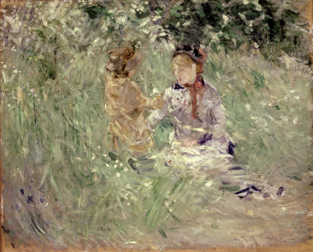 Kvinna och barn på en äng vid Bougival av Berthe Morisot