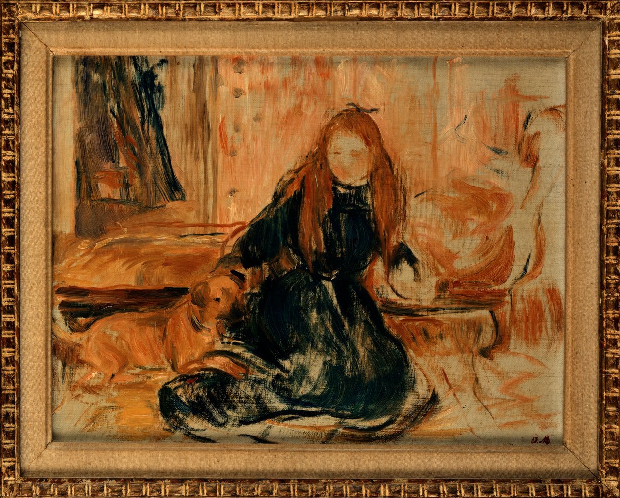 Ung flicka som leker med en hund, 1892 av Berthe Morisot