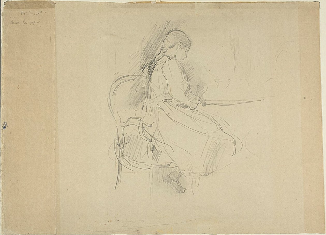 Ung flicka sittande vid ett bord av Berthe Morisot