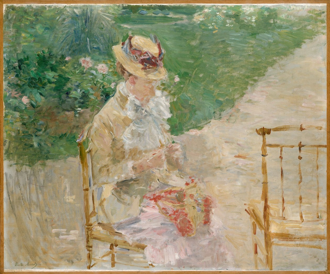 Ung kvinna stickning, ca 1883 (olja på duk) av Berthe Morisot