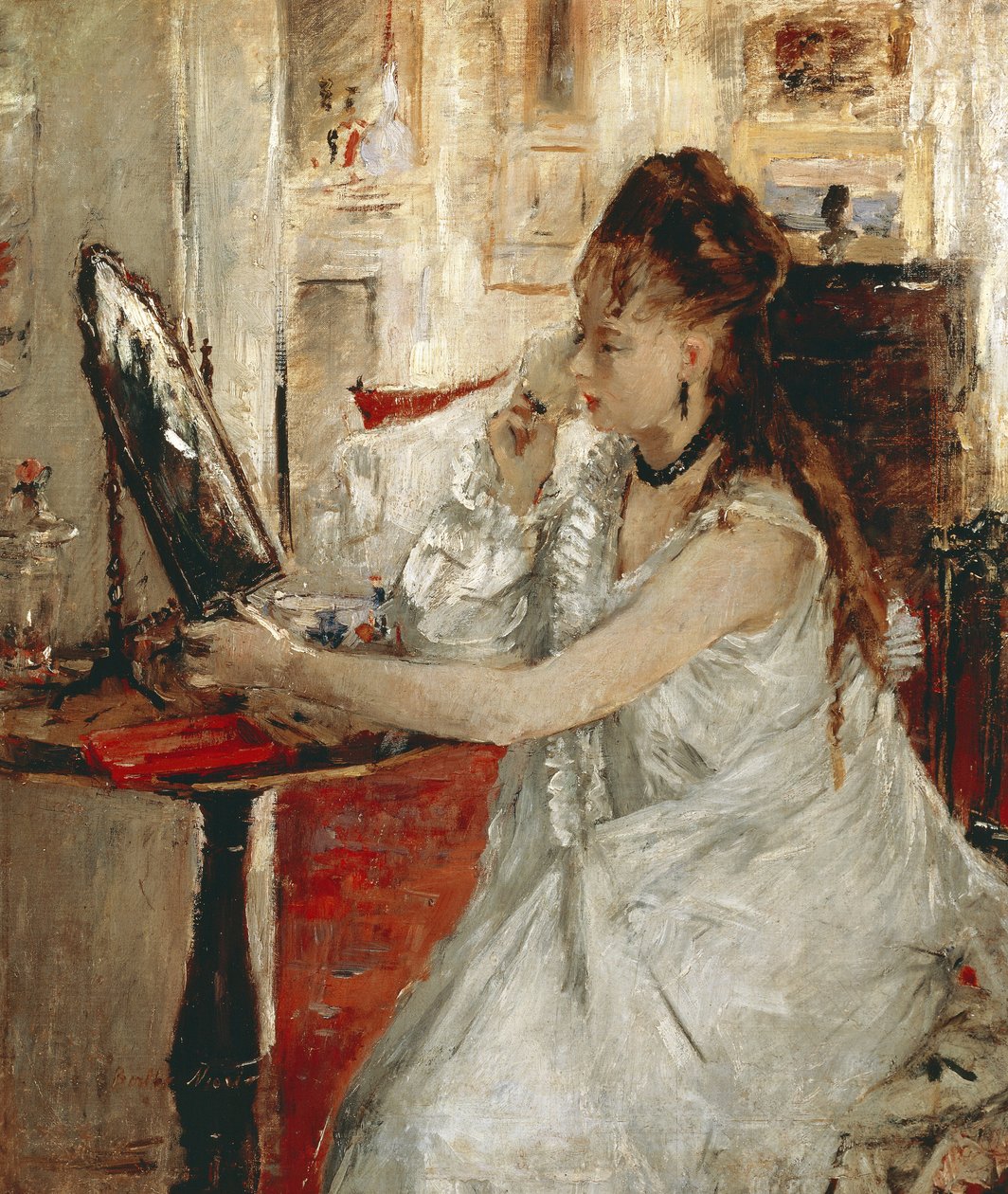 Ung kvinna som pudrar hennes ansikte (olja på duk av Berthe Morisot