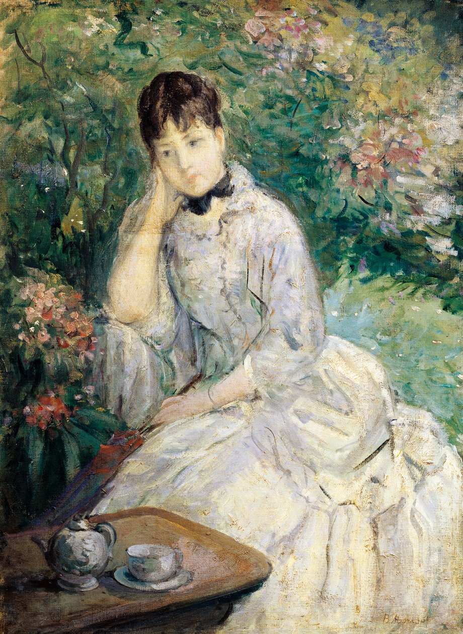Ung kvinna sitter på en soffa (olja på duk) av Berthe Morisot