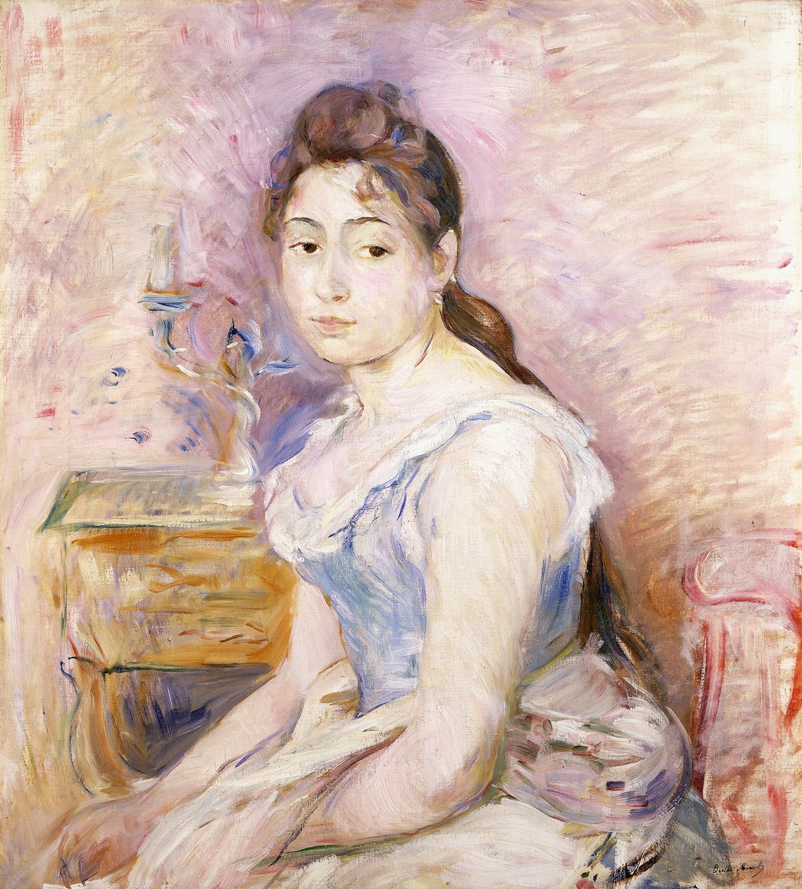 Ung kvinna i en blå korsett; Ung flicka i en blå korsett, 1891 av Berthe Morisot
