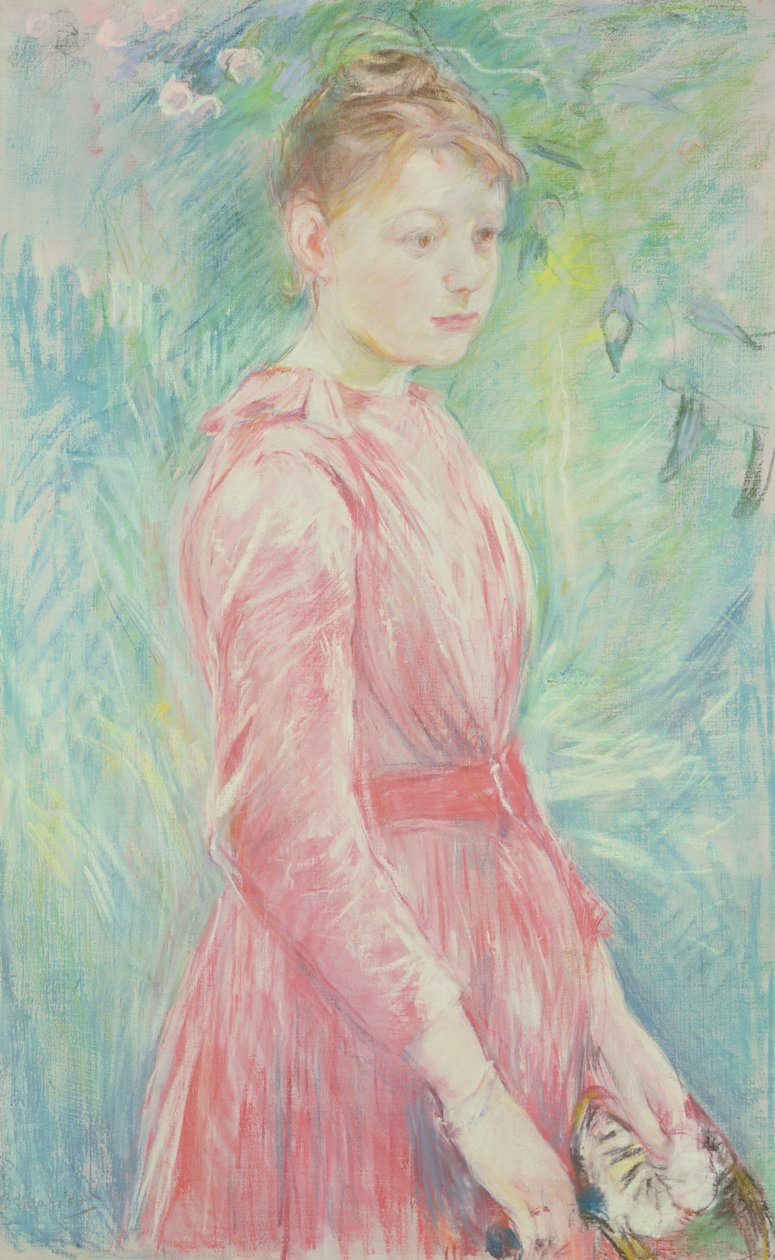 Ung flicka i rosa klänning (pastell på papper) av Berthe Morisot