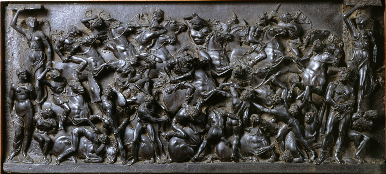 Battle between Romans and Barbarians (brons) - Battle of the Romans and Barbarians (Slaget om ryttarna). Bronsreliefstrumpor tillverkade av Bertoldo di Giovanni (1420-1491) av Bertoldo di Giovanni