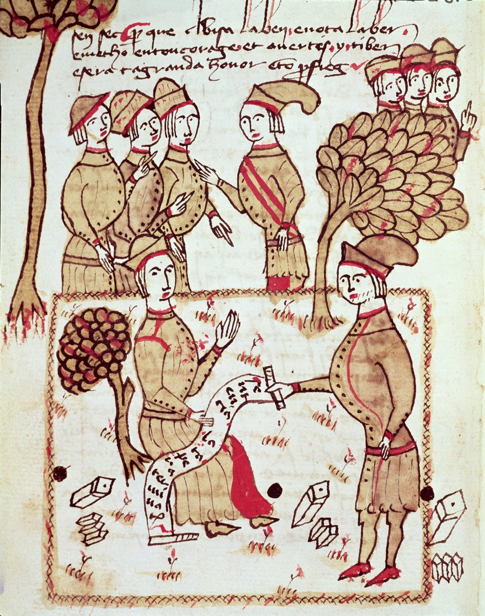 Ms 327 fol.201v En lantmätare med sina arbetare, från "Traite d