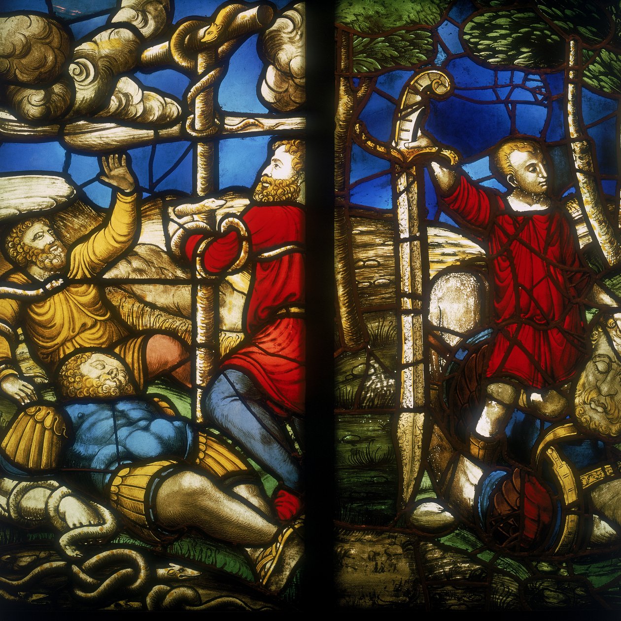 Bronsormen (glasmålningar som tillskrivs Dirck Crabeth), David och Golia (av Biagio Arcimboldi), Katedralmuseet, Milano av Biagio & Arcimboldi Giuseppe Arcimboldi