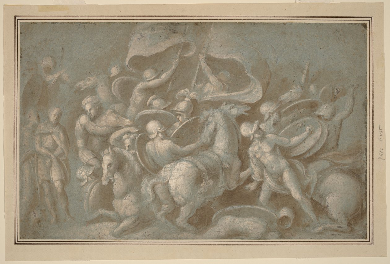 Battle Scene (pensel och brun lavering med vit gouache över svart krita på blått papper) av Biagio Pupini
