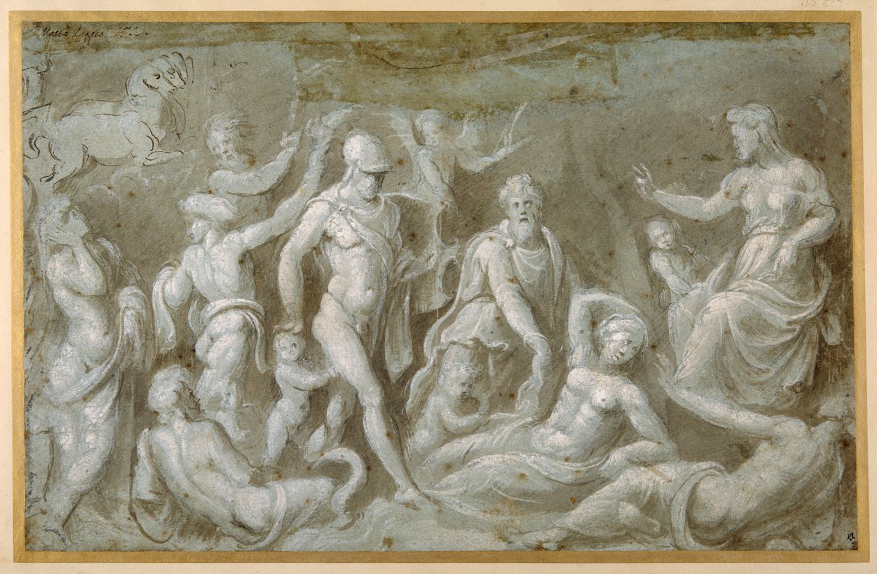 Mars och Rhea Silvia (borste och brunt bläck förstärkt med vit kroppsfärg på carta azzurra) av Biagio Pupini