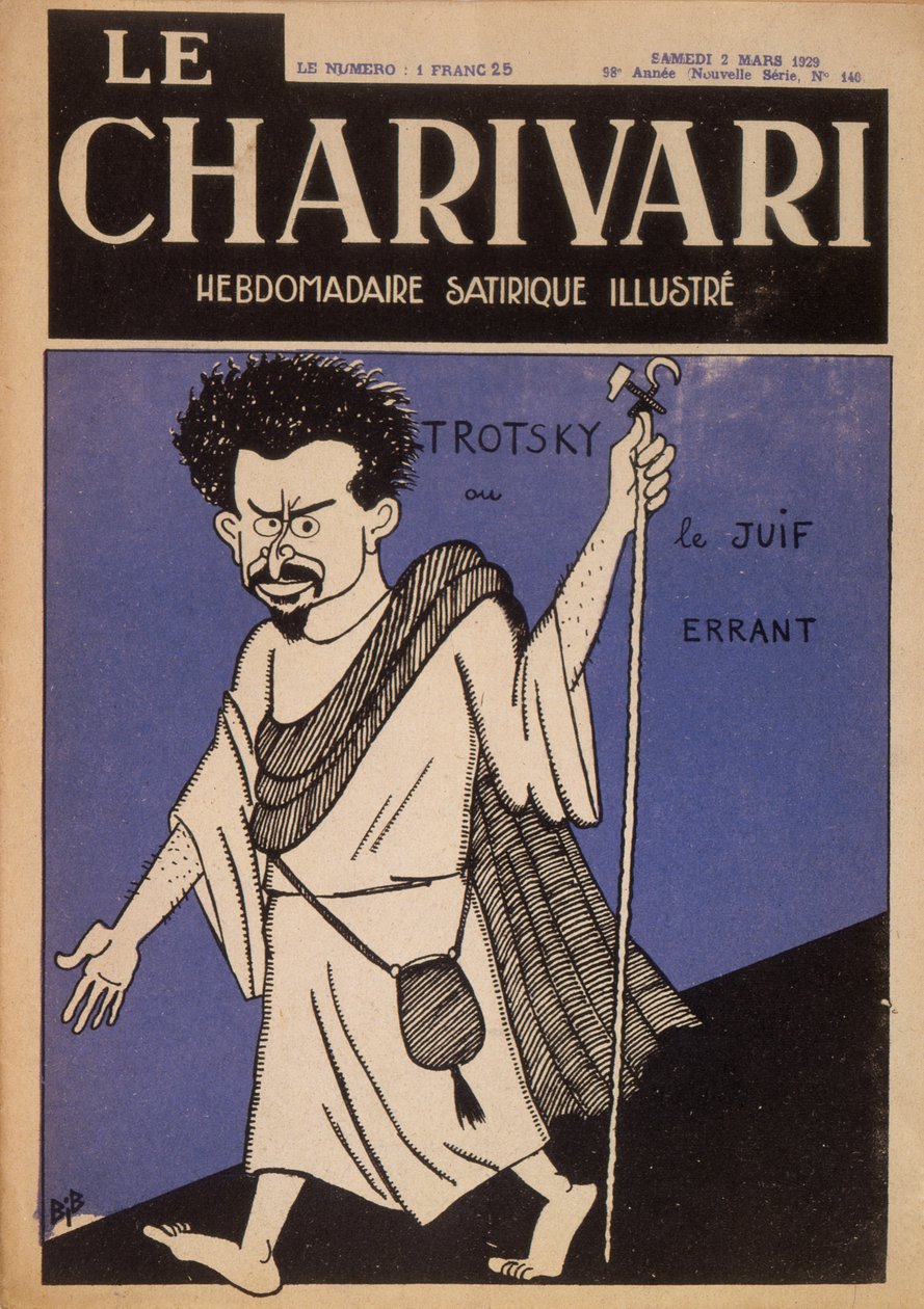 Karikatyr av Leon Trotskij (1879-1940) som den vandrande juden, framsidan av tidskriften "Le Charivari", mars 1929 (litho i färg) av Bib