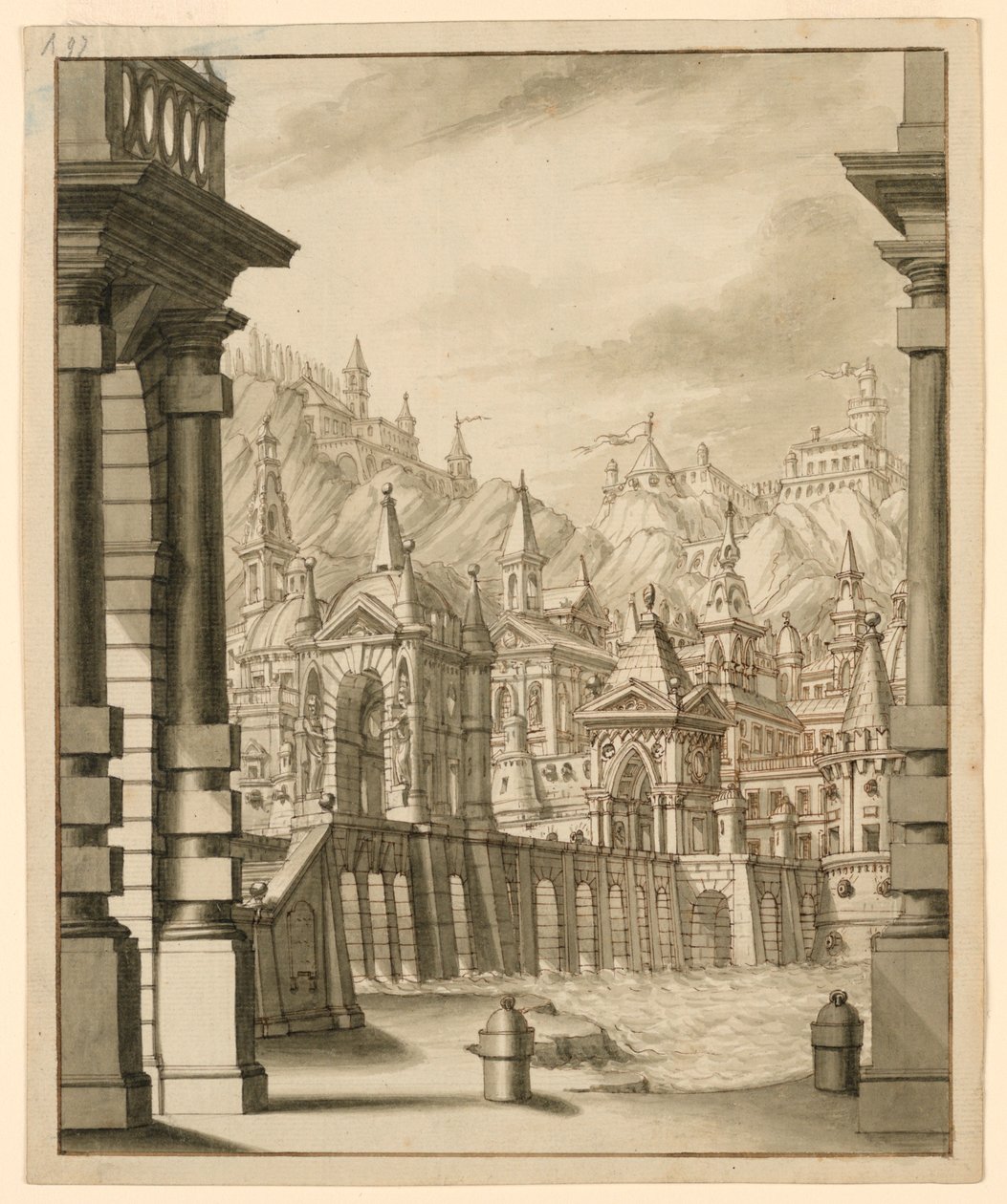 Scenografi, stad på kulle med tornförsedda byggnader av Bibiena Family, 1657