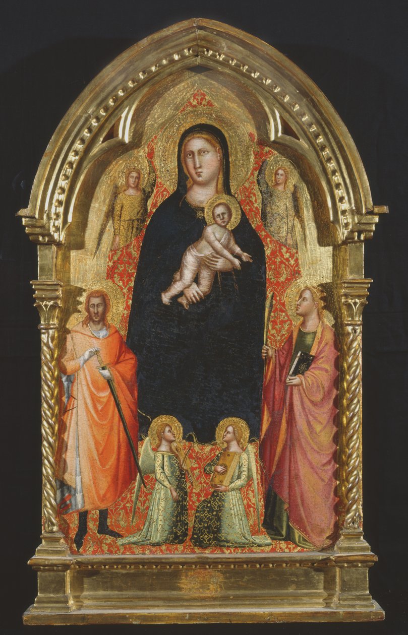 Madonna och barn tronade med Saints Catherine och Giuliano och änglar (tempera på panel) av Bicci di Lorenzo