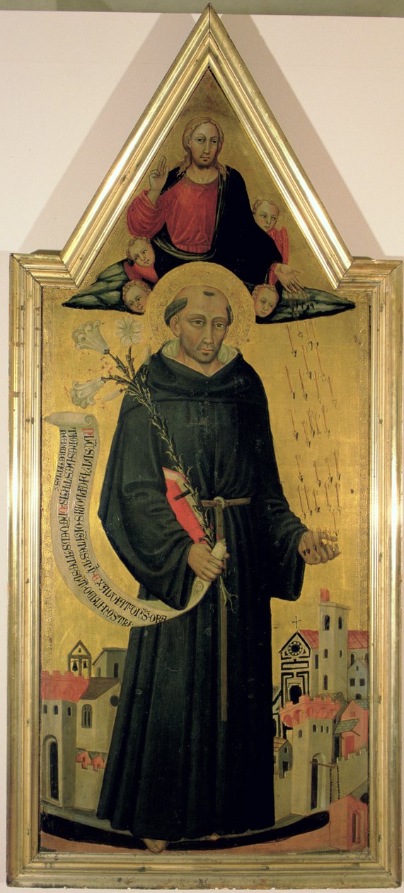 St. Nicholas of Tolentino (ca 1246-1305) Skyddar Empoli från pesten, 1445 (tempera med förgyllning på panel) av Bicci di Lorenzo