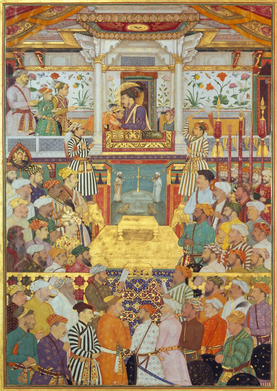 Padshahnama plate 10 : Shah-Jahan receives his three eldest sons and Asaf Khan during his accession ceremonies (8 March 1628) av Bichitr