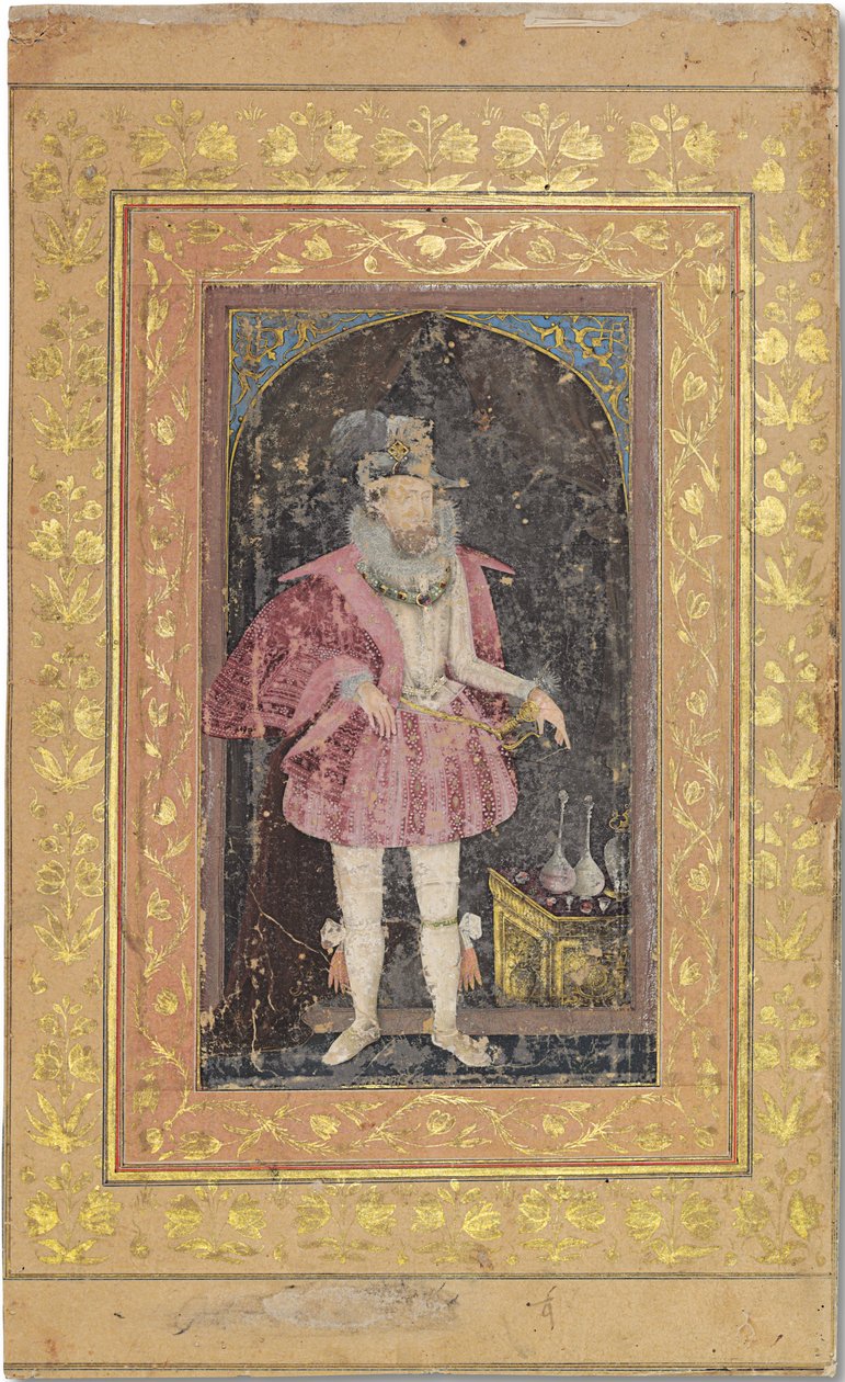 A Rare Mughal Portrait of James I, c.1615-18 (ogenomskinliga pigment förhöjda med guld på papper) av Bichitr Bichitr