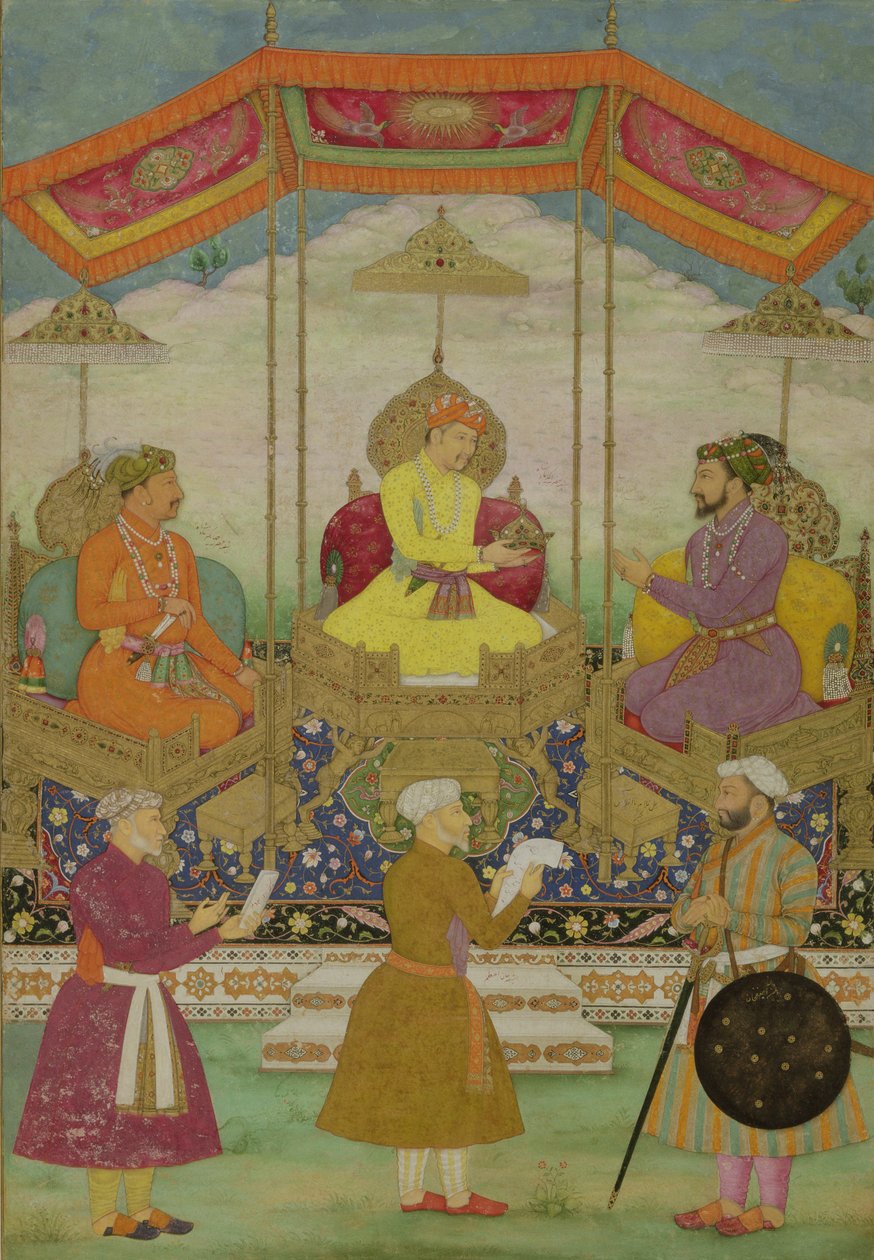 Mughal kejsar Akbar (c.1605) (mitten) Symboliskt överför kronan från sin son Jahangir till hans sonson Shah Jahan (1627-1658) c.1630 av Bichtir