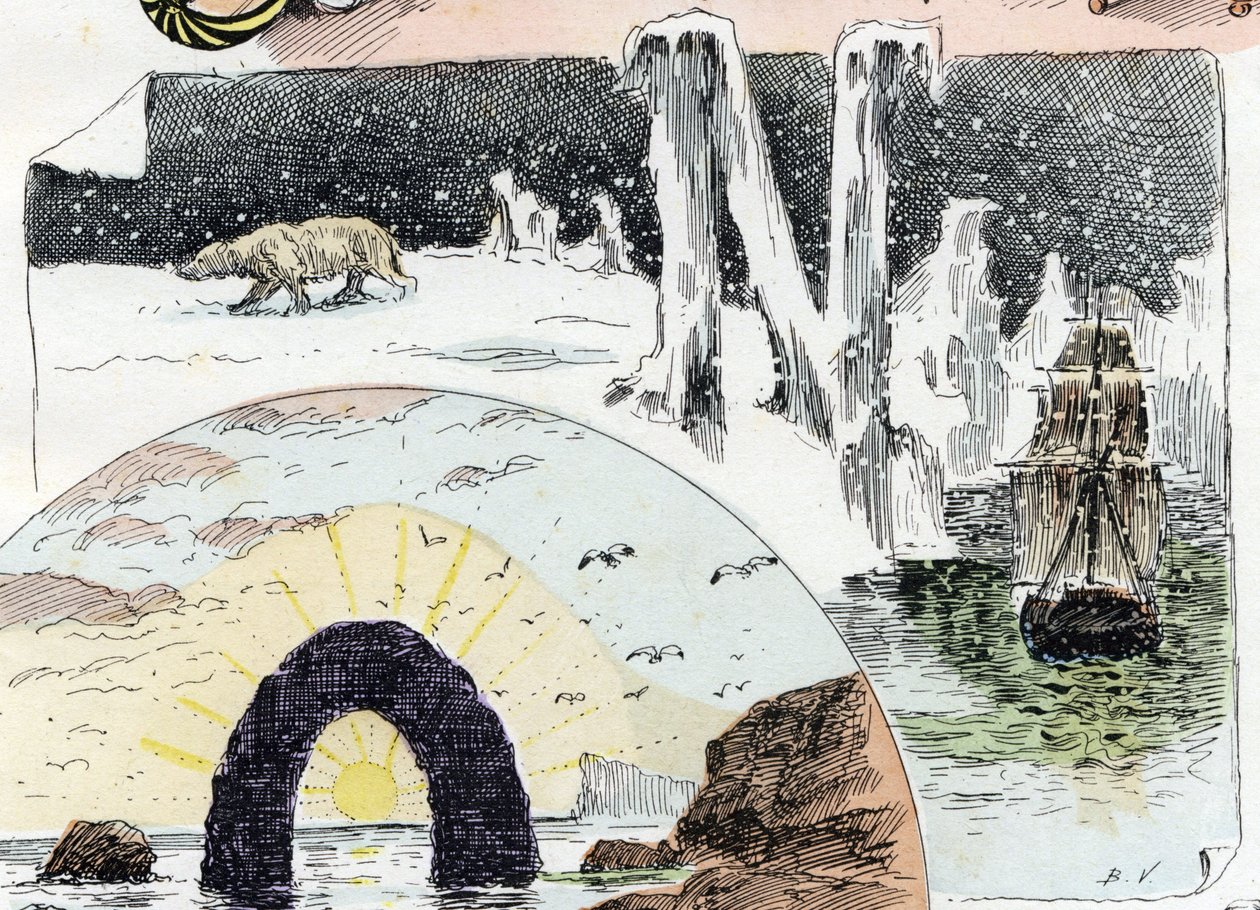Bokstaven N (nord, snö, natt, skepp). 1908 (kromolitografi) av Bigot Valentin Bigot Valentin