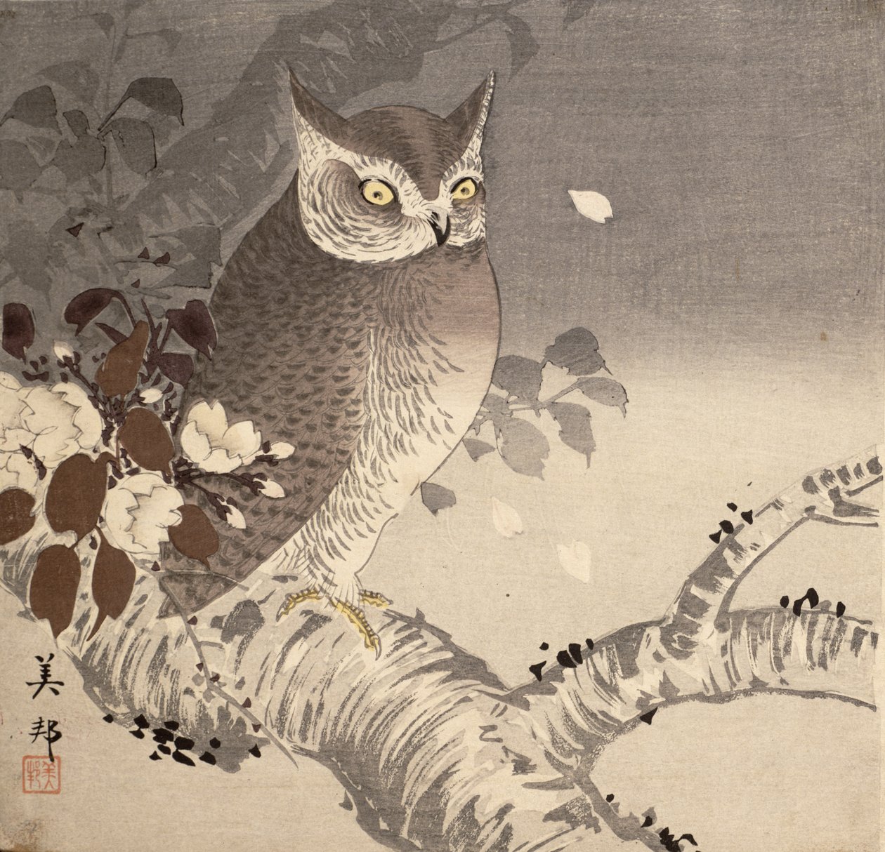 En uggla på en trädgren av Biho Takashi or Takahashi (b. 1873. fl 1890 1930)