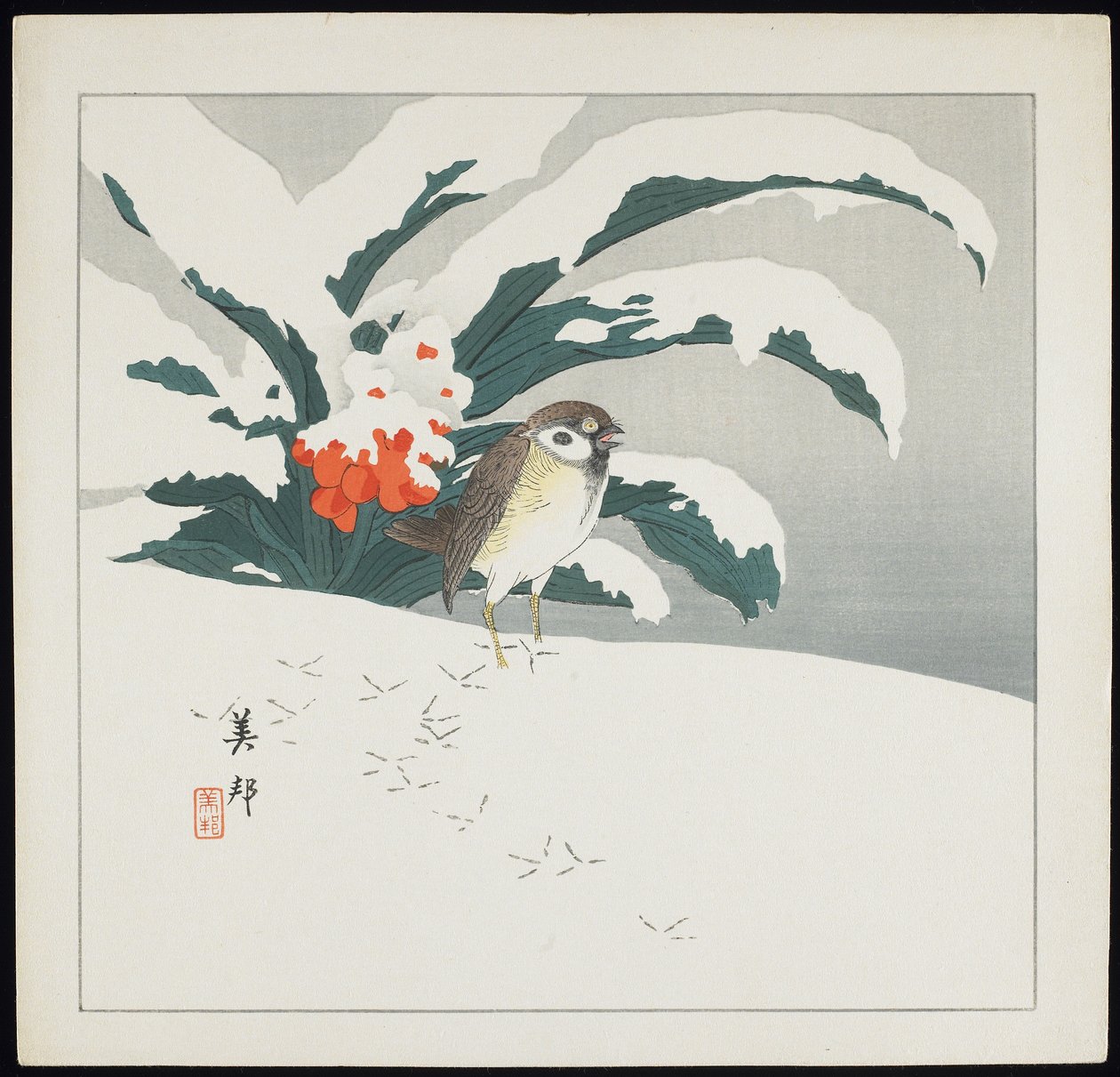 Fågel i snö, tidigt 1900-tal av Biho Takashi or Takahashi (b. 1873. fl 1890 1930)