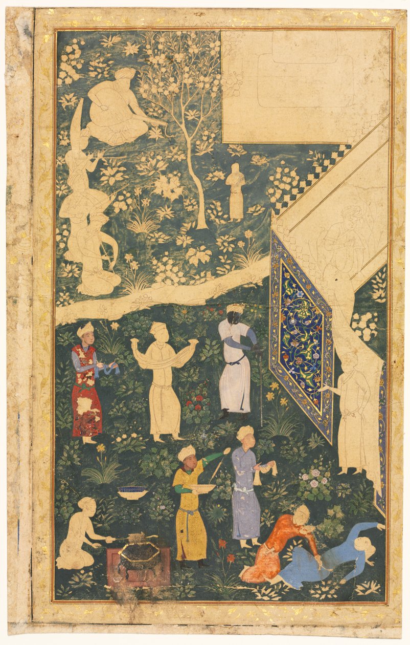 Musiker och tjänare utanför ett kungligt läger recto, ca. 1485. av Bihzad