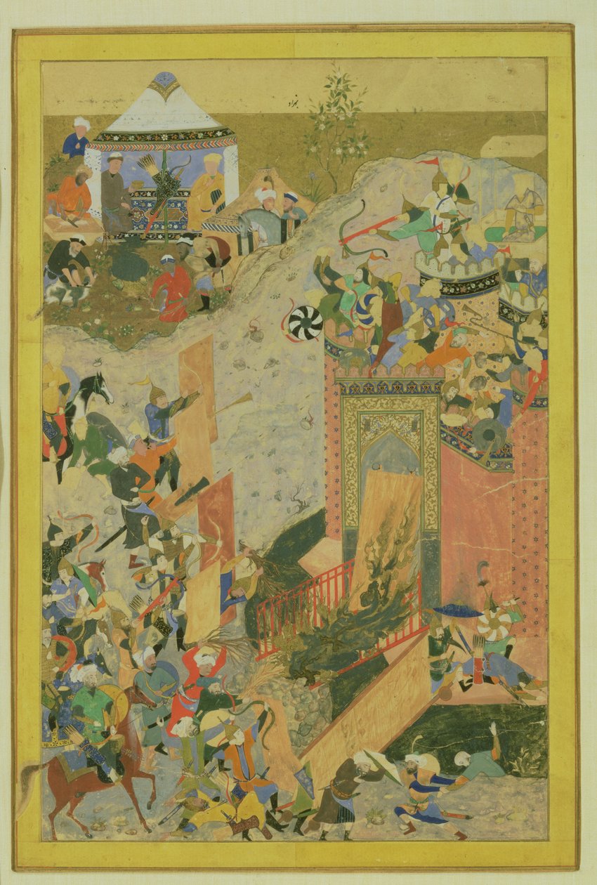 Assault on a Castle, persisk, timuridperiod (1370-1506) c.1475-1500 (wc och bladguld på papper) av Bihzad attr. to Bihzad attr. to