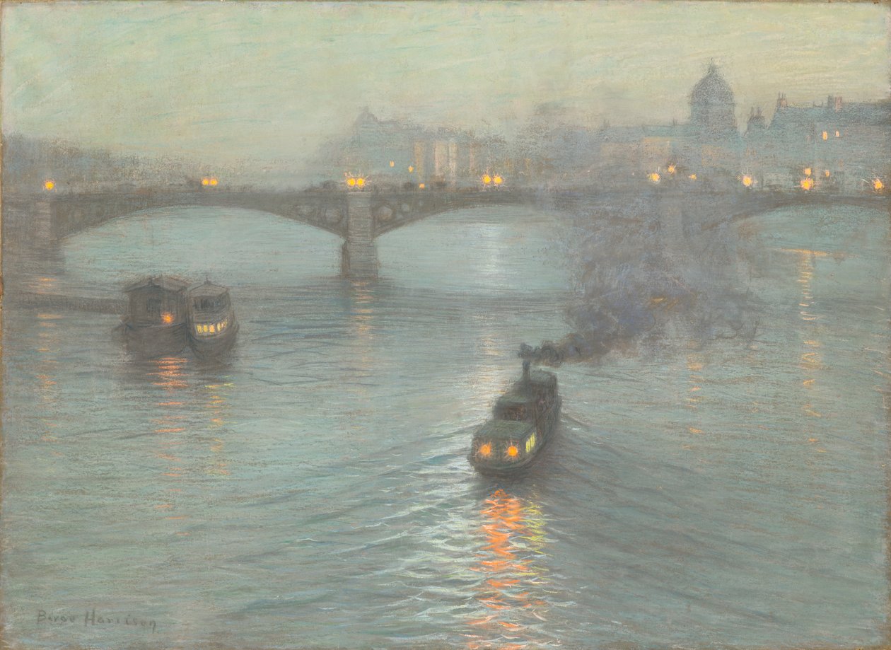 Kväll på Seine, ca 1888 (pastell på förberedd duk) av Birge Harrison
