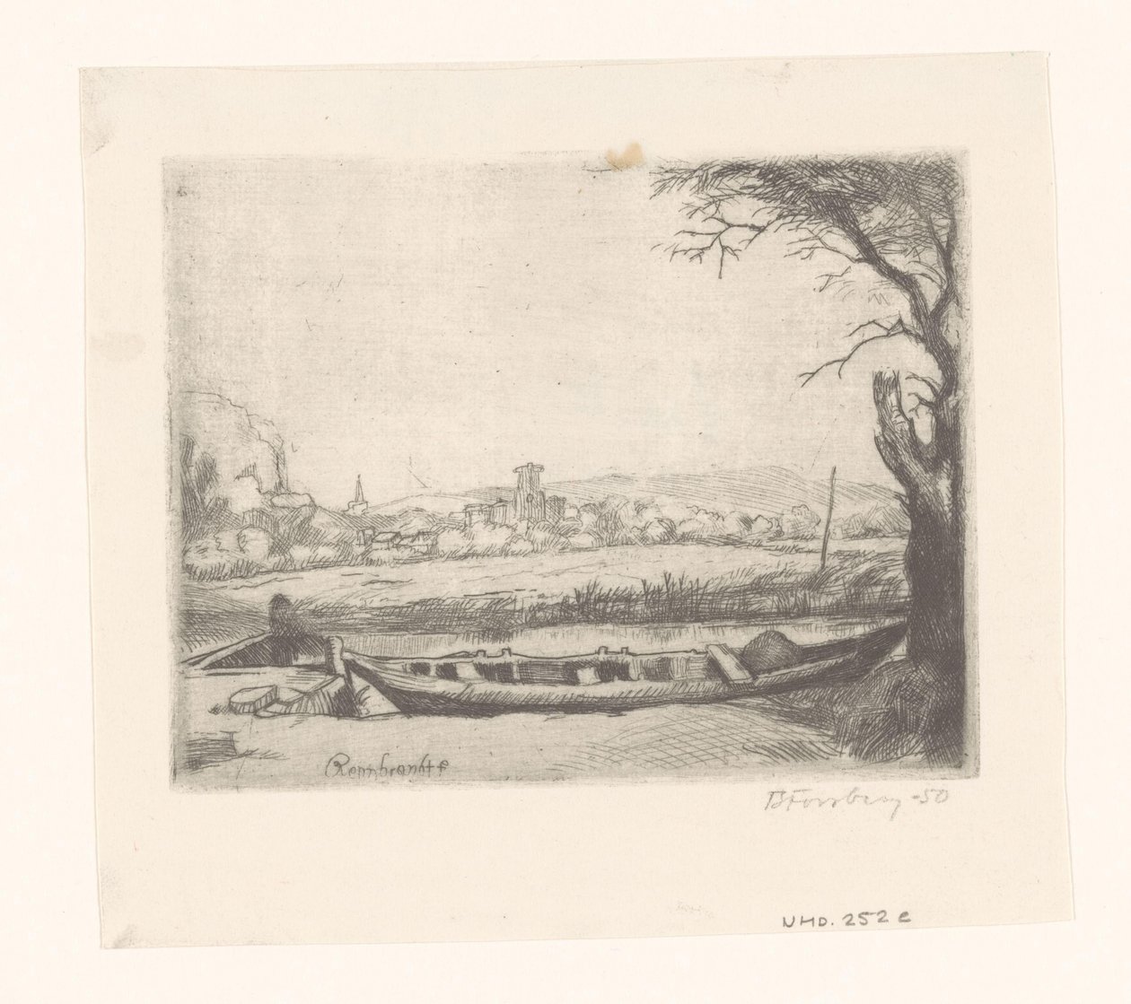 Kanal med en stor båt och en bro ("The Schuytje i förgrunden") av Birger John Forsberg