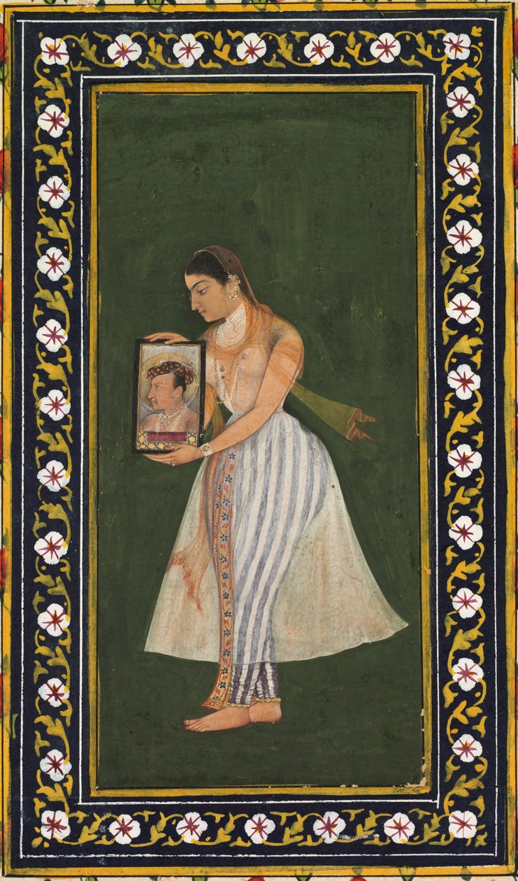Nur Jahan håller ett porträtt av kejsar Jahangir av Bishandas