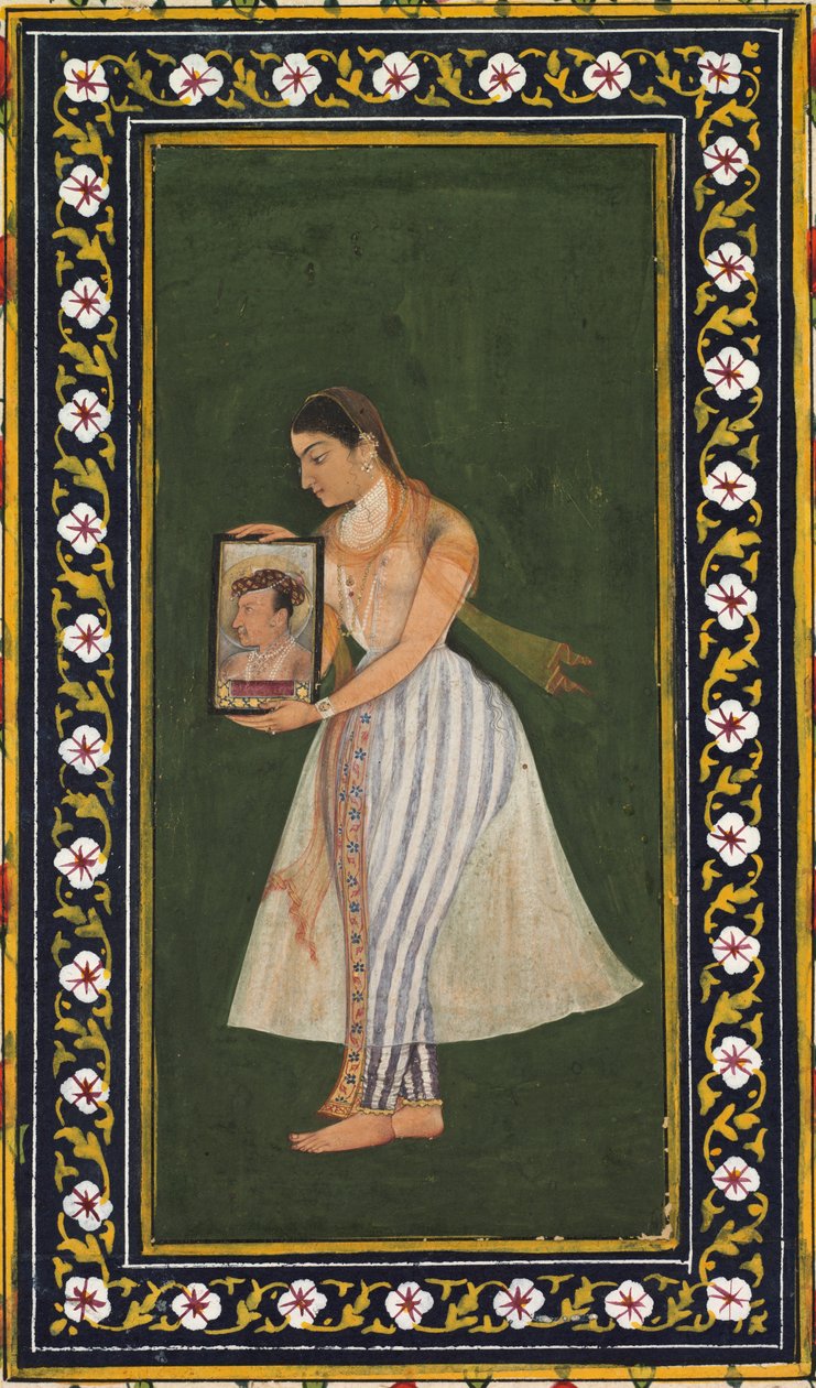 Nur Jahan, med ett porträtt av kejsar Jahangir, ca. 1627. av Bishandas