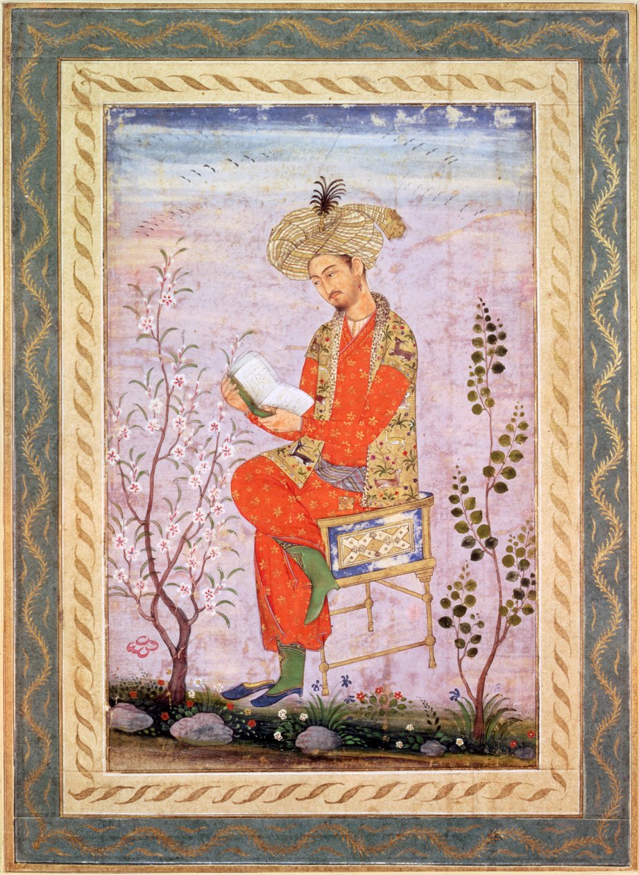 Babur (r.1526-30) Reading, Mughal (akvarell på papper) av Bishn Das