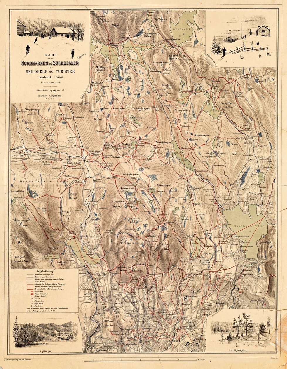 Karta från Nationalbibliotekets kartsamling. Kartan publicerades (1890) och visar Nordmarka, Sørkedalen av Bjerknes