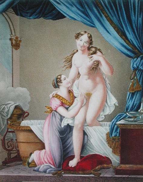 Kvinna som tar sig ur sitt bad, assisterad av sin hembiträde, ca 1820 (färggravyr) av Blaizot (after)
