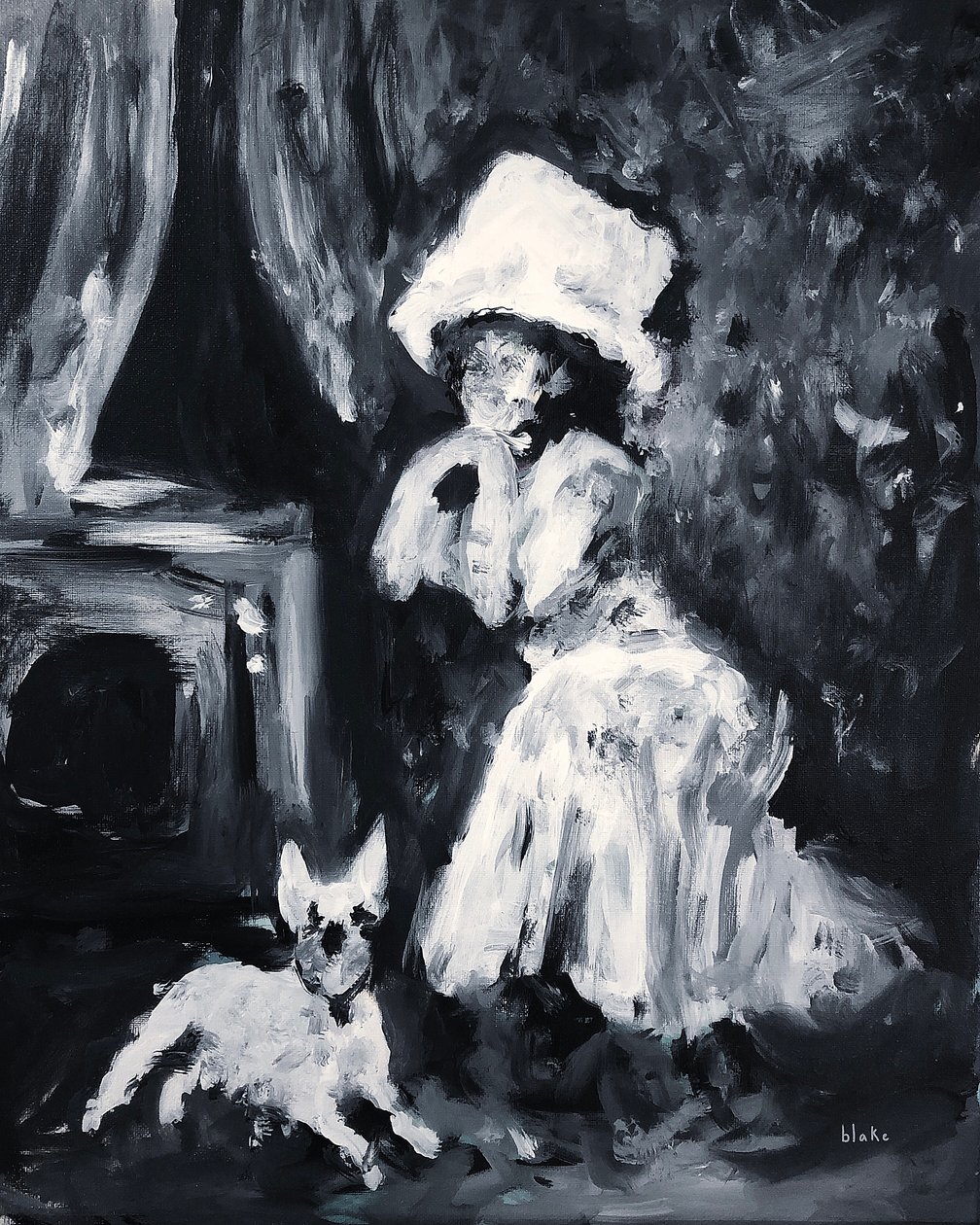 Lady And Dog Posing, c.2019 (Akryl på duk) av Blake Munch