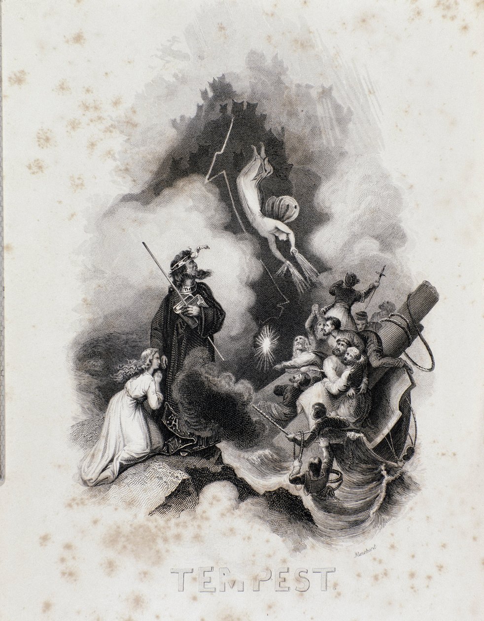 Blanchard gravyr för första akten av William Shakespeares Stormen (gravyr av Blanchard Blanchard