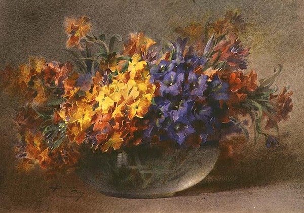 Vårblommor i en glasskål (akvarell) av Blanche Odin