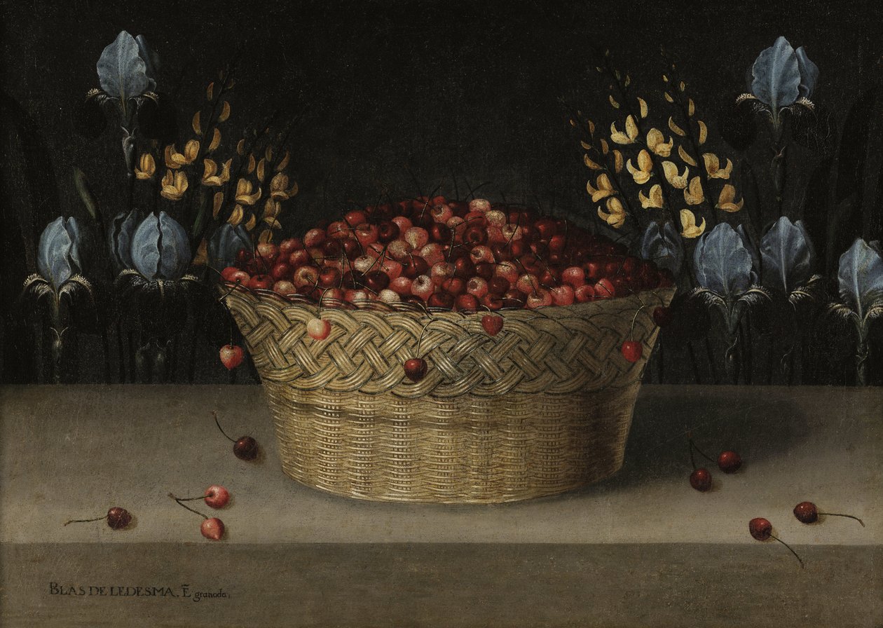 Stilleben med körsbär, lupin och iris, ca 1610 (olja på duk) av Blas de Ledesma