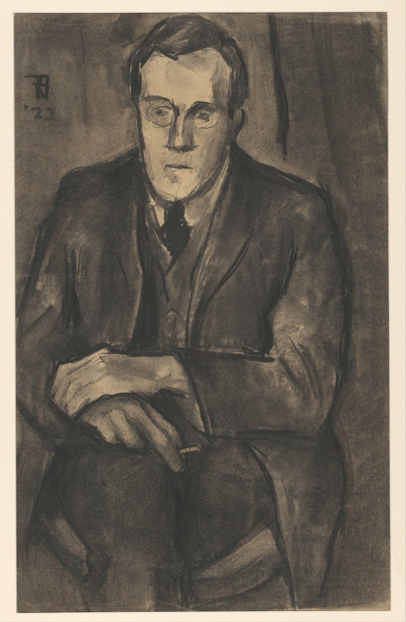 Porträtt av J.W. Yxa, sitter med händerna på knäna av Bob Hanf (signed by artist)