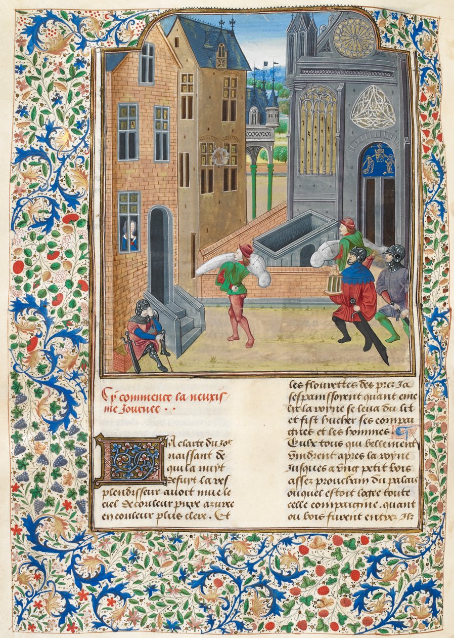 Lägg till. 35323 f.122v Inlindade kroppar som bärs in i en byggnad, illustration från 