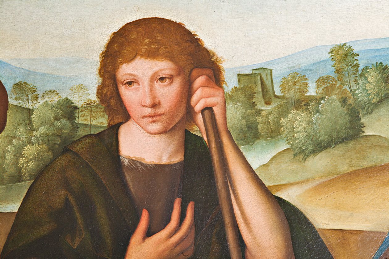 Tillbedjan av herdarna Madonna med Jesusbarnet och två herdar, detalj av 2384594 av Boccaccio Boccaccino